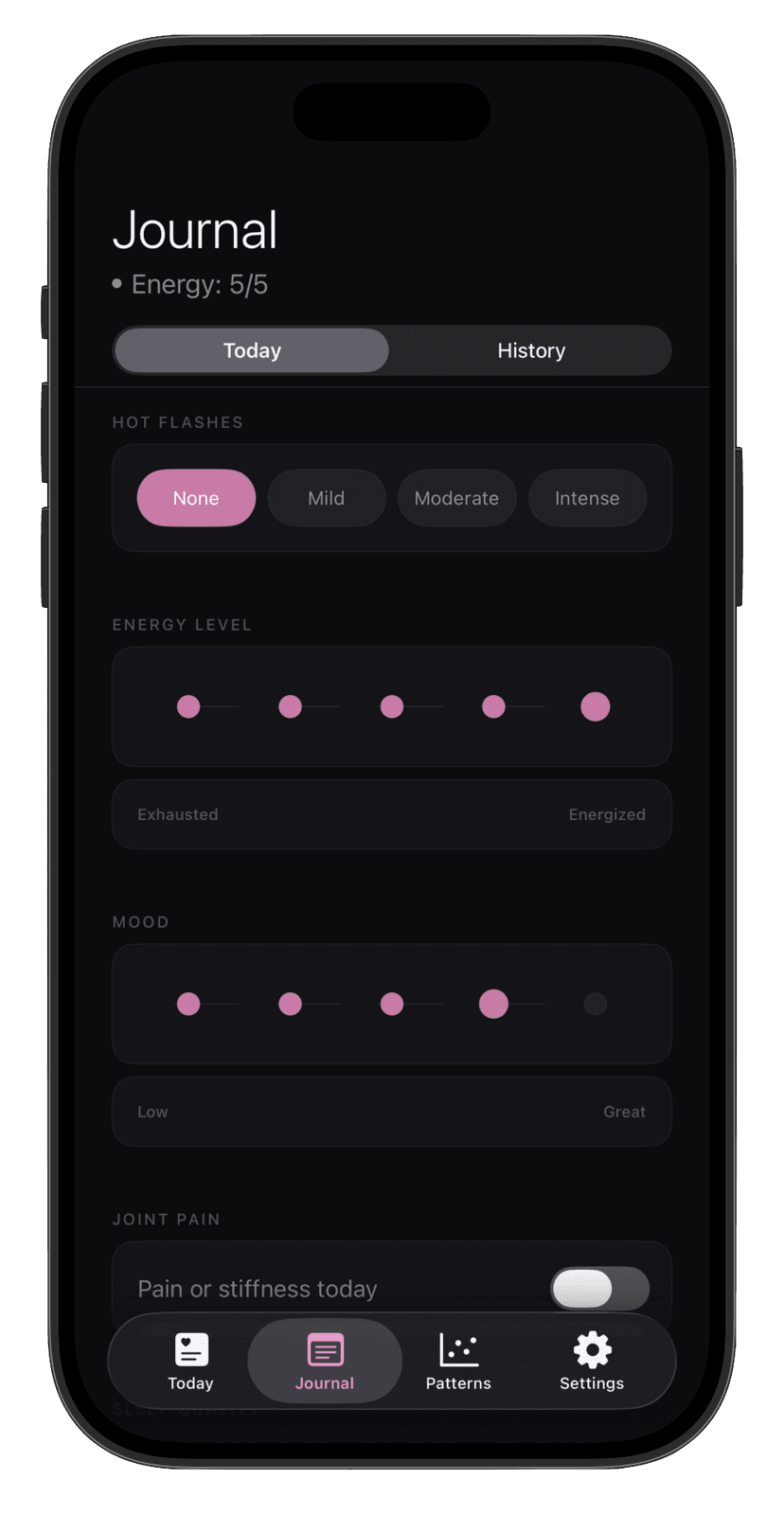 Nourava Journal screen for logging hot flashes, energy, mood, and joint pain